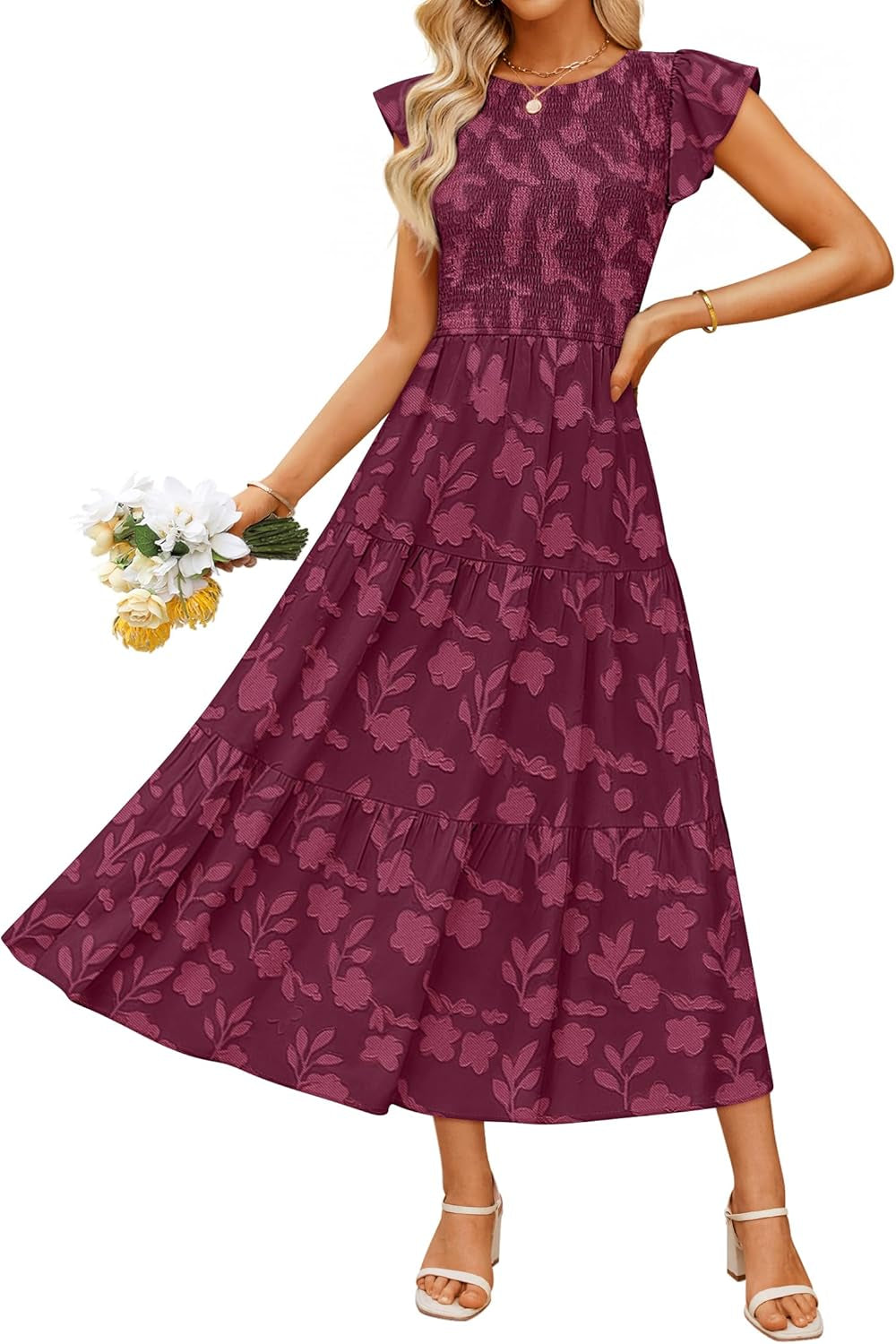 Women'S Summer Boho Floral Midi Dress 2026 Casual Flutter Short Sleeve Crewneck Smocked Flowy Beach Long Dresses