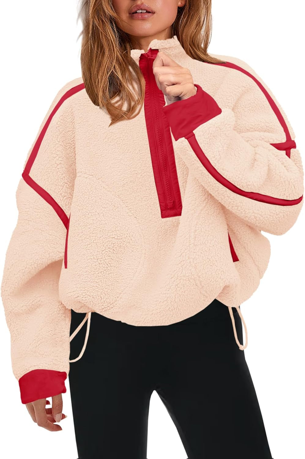 Womens Half Zip Sherpa Fleece Pullover Soft Oversized Sweatshirt with Pockets Warm Fuzzy Sweater