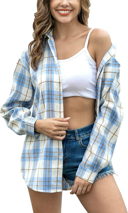 Oversized Flannel Shirt Women Long Sleeve Plaid Button Buffalo Shirt Blouse Tops with One Pocket