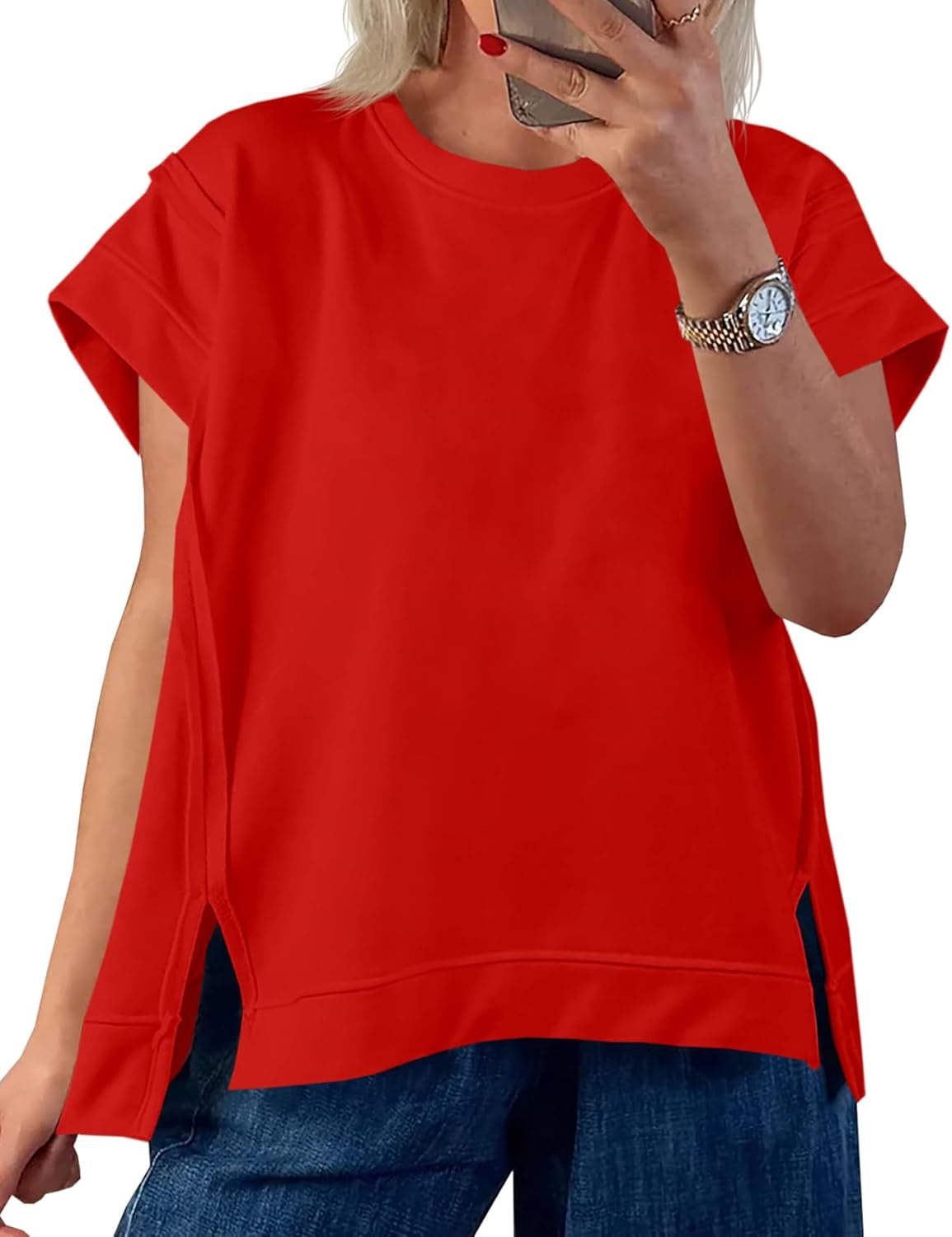 Womens Oversized Short Cap Sleeve T-Shirts Crew Neck Side Slit Tops Summer Casual Loose Fit Tees Tunic Shirts