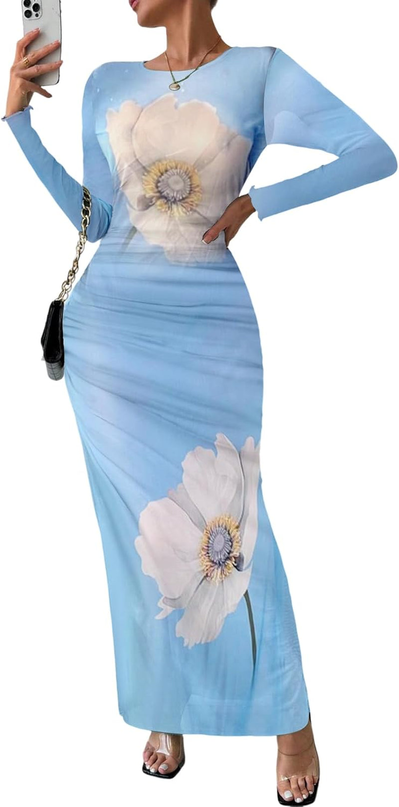 Women Long Sleeve Maxi Dress Bodycon Ruched Formal Slim Fit Tie Dye Dress Formal Mesh Dress