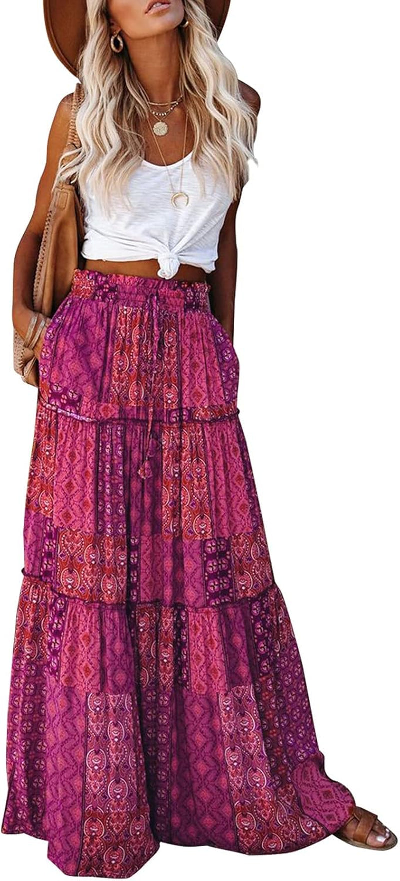 Womens Boho Maxi Skirt 2026 Summer Cruise Casual High Waist Tie Flowy Long Skirt with Pockets for Beach Vacation