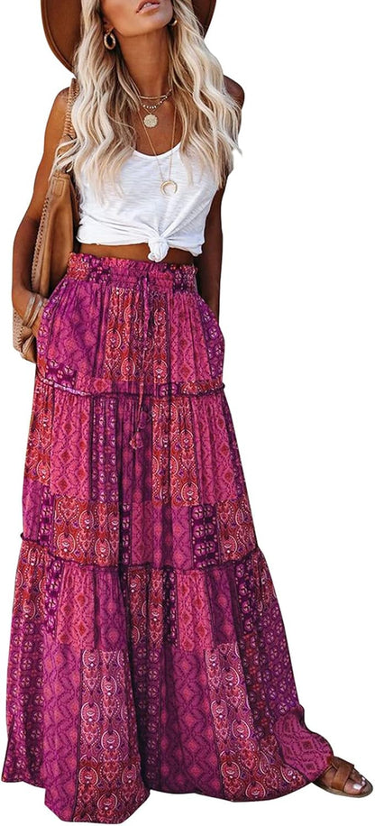 Womens Boho Maxi Skirt 2026 Summer Cruise Casual High Waist Tie Flowy Long Skirt with Pockets for Beach Vacation