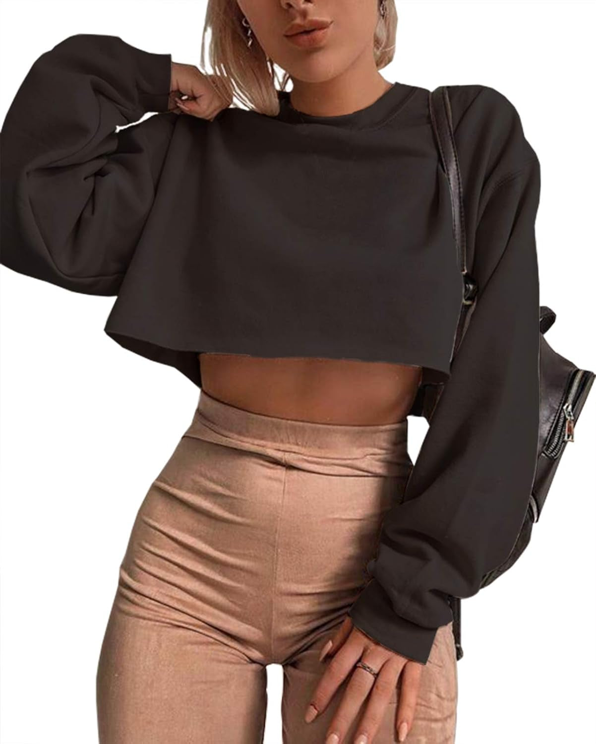 Women'S Crewneck Long Sleeve Crop Tops Workout Casual Pullover Loose Sweatshirts