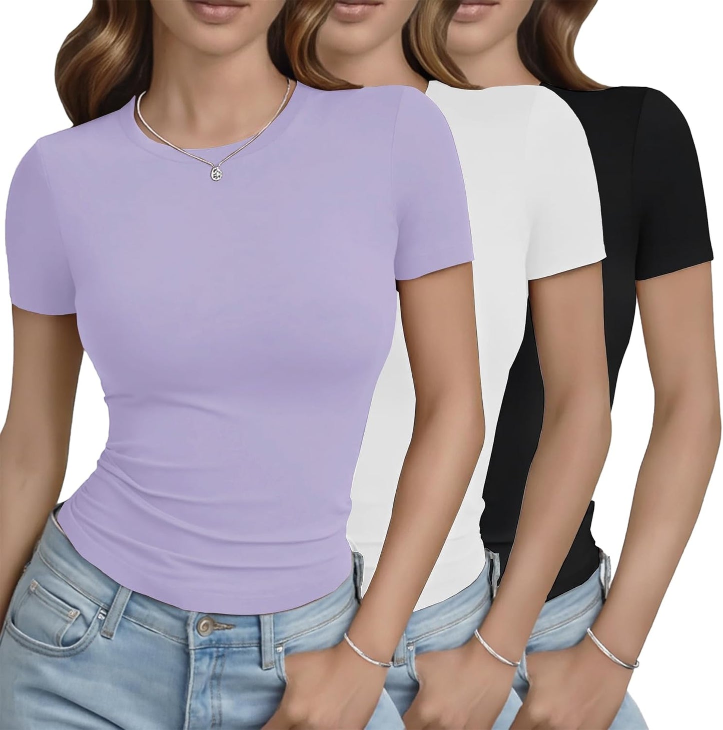 3 Pack Basic Tees for Women - Crew Neck Slim Fit Tight T Shirts Cute Y2K Trendy Crop Tops Clothes for Casual Summer