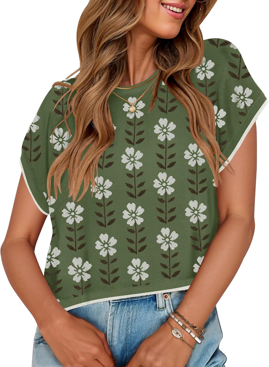 Womens Floral Sweater Vest Summer Short Sleeve Crew Neck Cute Loose Knit Tops 2026 Trendy Clothes Outfits