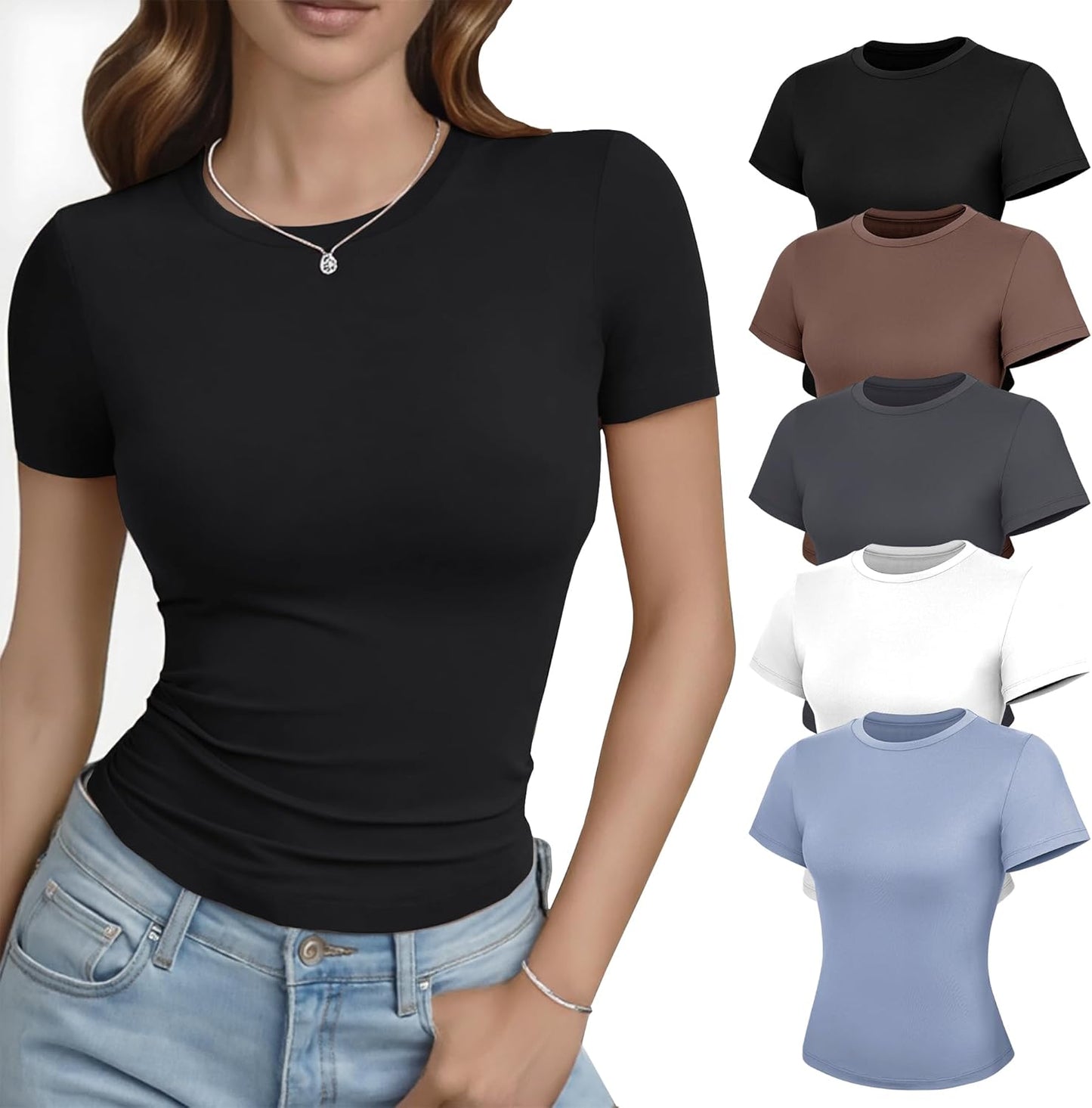 3 Pack Basic Tees for Women - Crew Neck Slim Fit Tight T Shirts Cute Y2K Trendy Crop Tops Clothes for Casual Summer