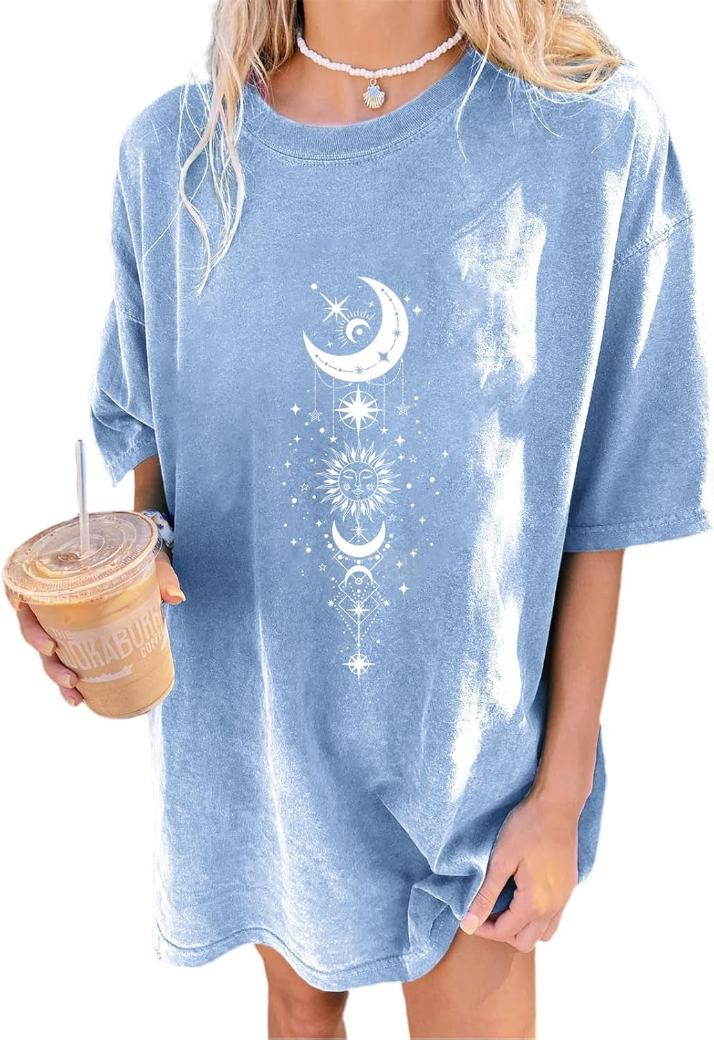 Women'S Casual Oversized T Shirt Short Sleeve Graphic Tee Letter Sun Moon Shirts