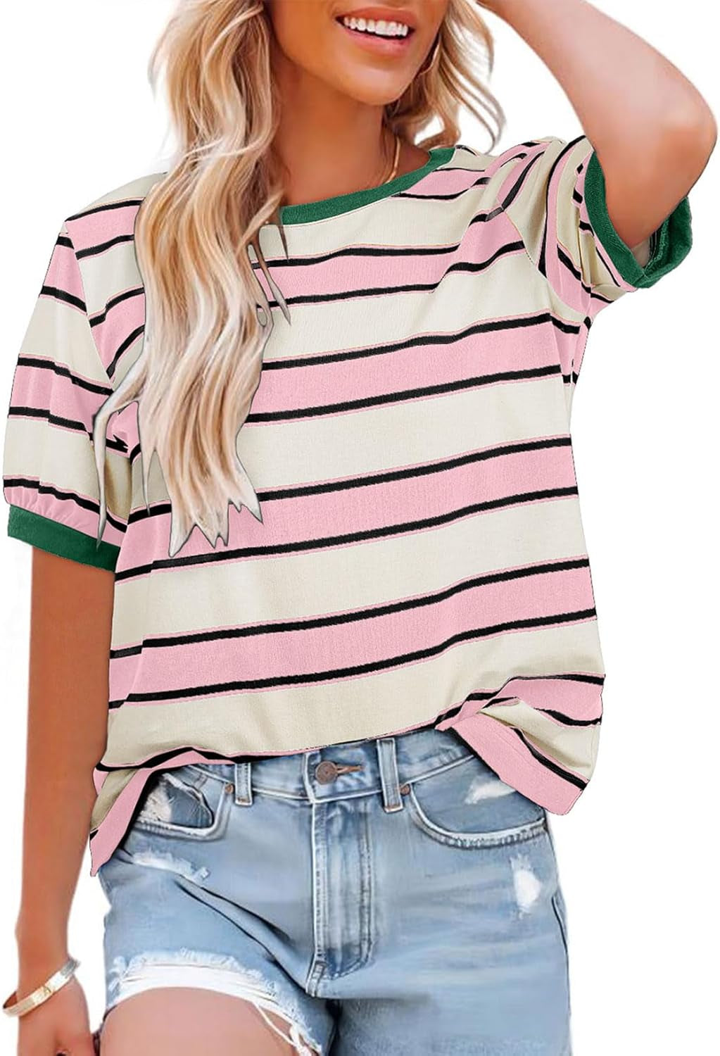 Womens Summer Tops 2025 Striped Color Block Short Sleeve T-Shirts Crewneck Casual Loose Basic Tee Blouses