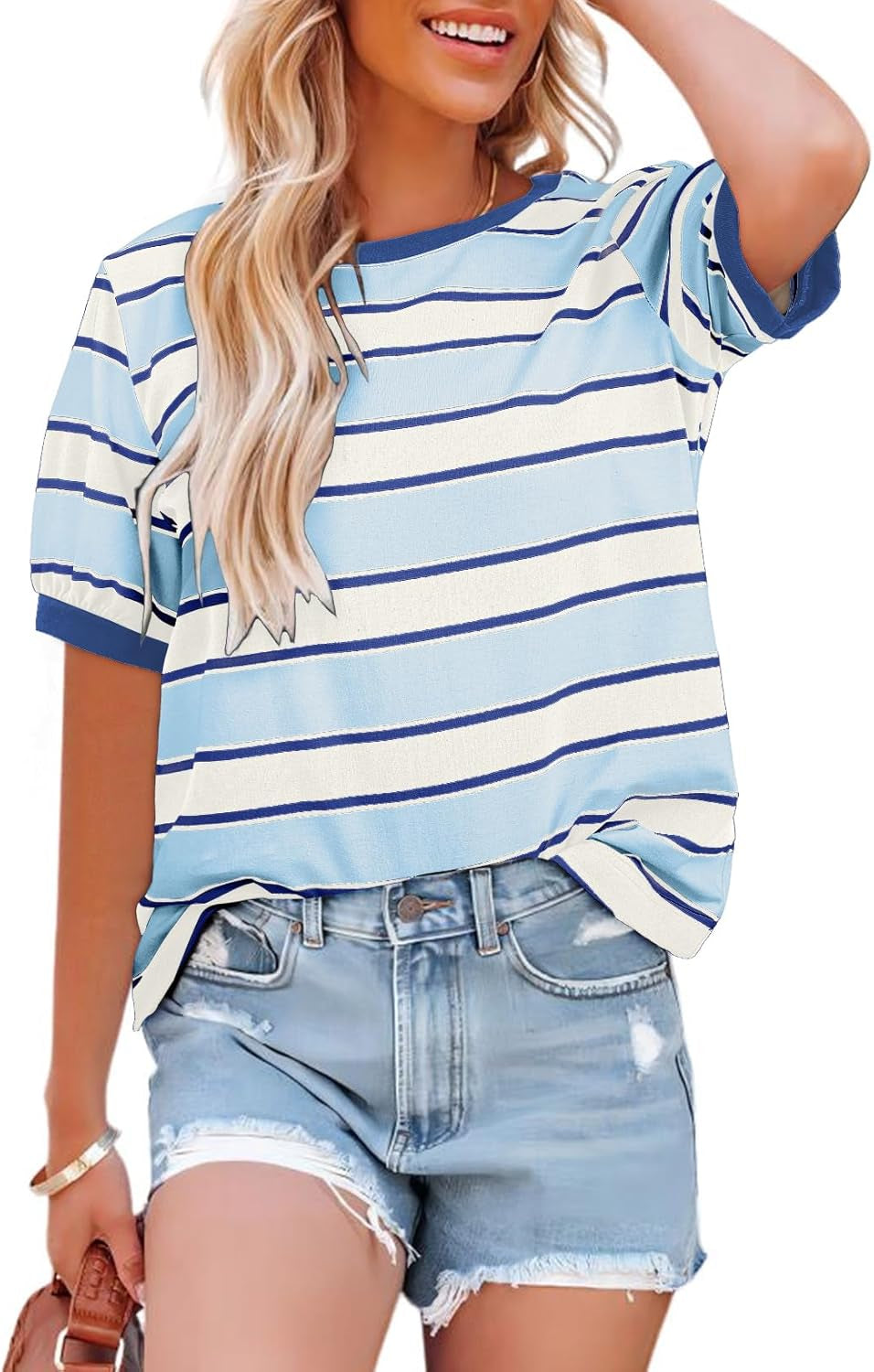 Womens Summer Tops 2025 Striped Color Block Short Sleeve T-Shirts Crewneck Casual Loose Basic Tee Blouses