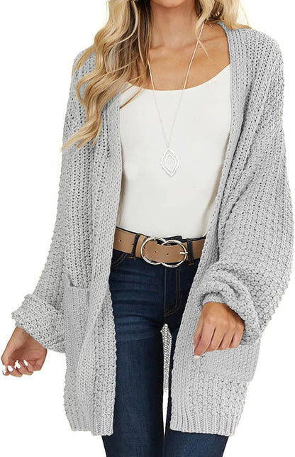 Women'S 2025 Fall Open Front Chunky Knit Sweater Oversized Lantern Sleeve Cardigan Outwear