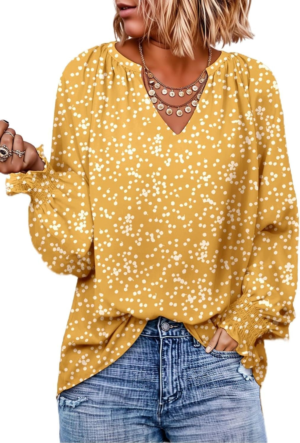 Womens Blouses Dressy Casual Flowy Boho Tops V Neck Long Sleeve Shirts