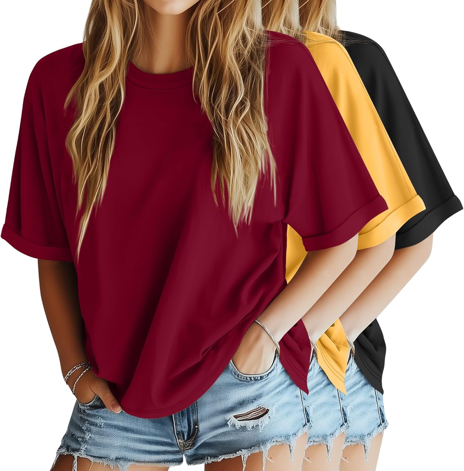 3 Pack Women'S Oversized T-Shirt Half Sleeve Summer Tees Casual Loose Fit Crew Neck Basic Tops