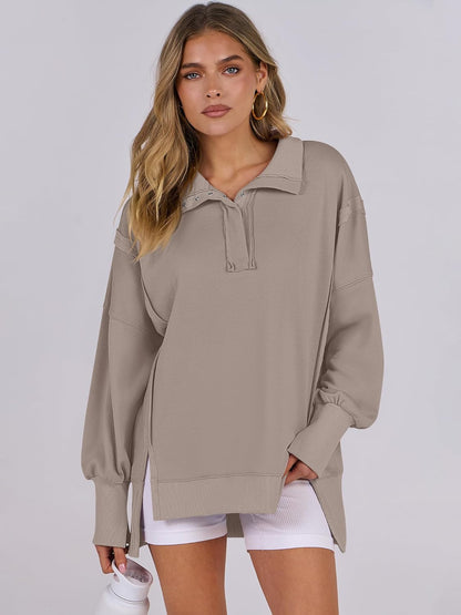Women'S Sweatshirts Oversized Casual Loose Button up Henley Pullover Top High Low Split 2025 Fall Fashion Outfits