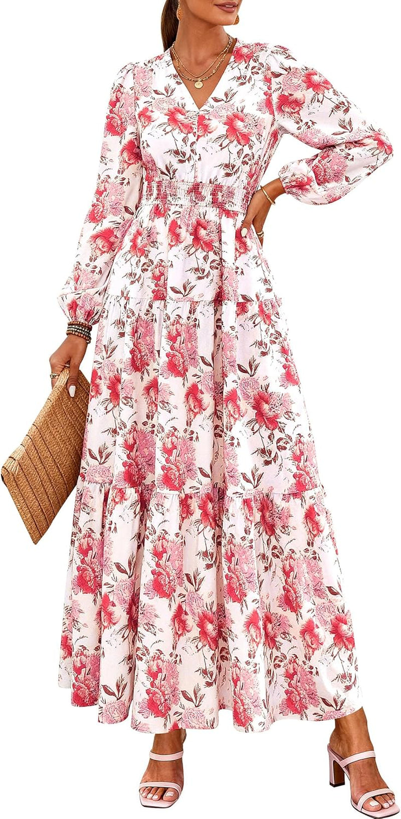 Long Sleeve Maxi Fall Dresses for Women 2026 Vneck Smocked Boho Floral Tiered Swing Flowy Wedding Guest Dress
