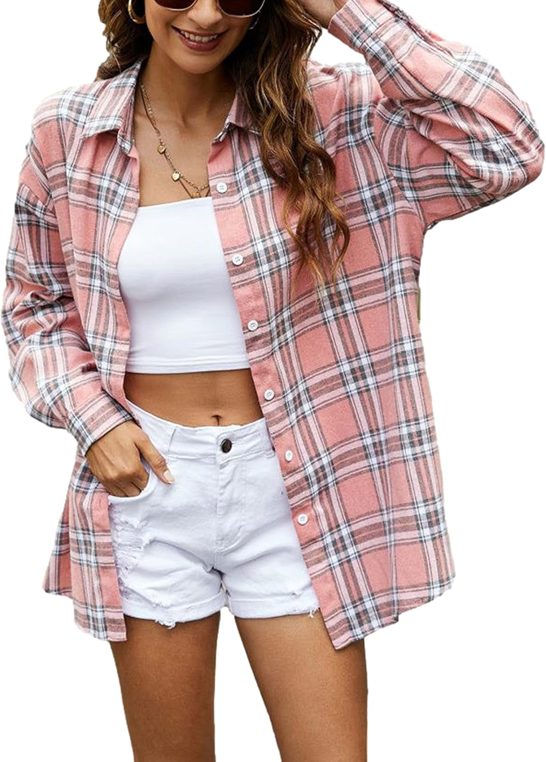 Oversized Flannel Shirt Women Long Sleeve Plaid Button Buffalo Shirt Blouse Tops with One Pocket