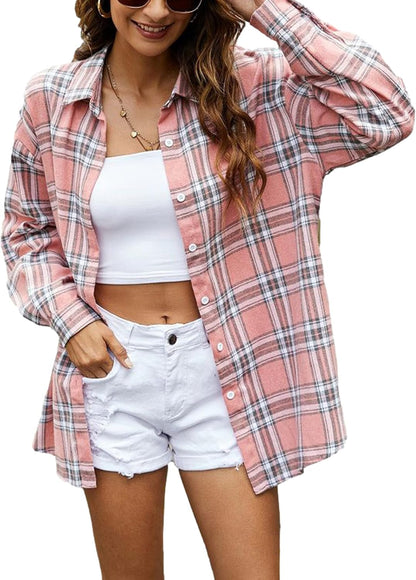 Oversized Flannel Shirt Women Long Sleeve Plaid Button Buffalo Shirt Blouse Tops with One Pocket
