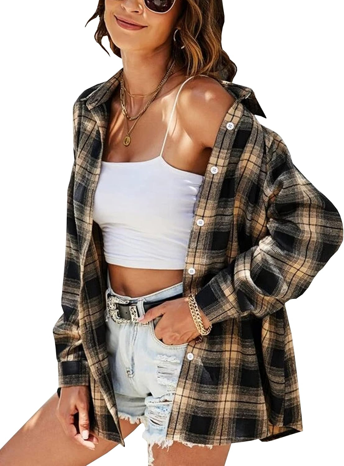 Oversized Flannel Shirt Women Long Sleeve Plaid Button Buffalo Shirt Blouse Tops with One Pocket