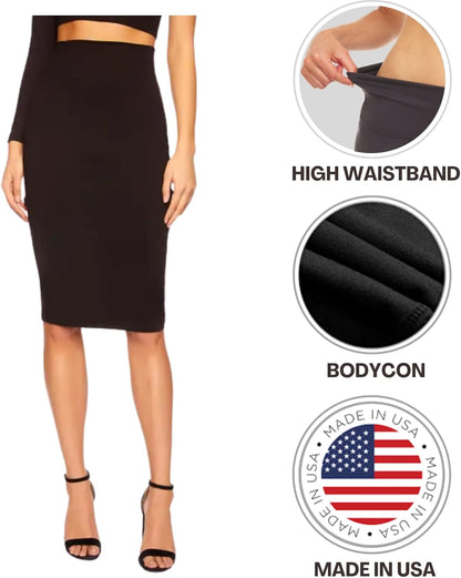 Women’S Basic Stretch Pencil Skirt- Regular & plus Size- below Knee Office Midi Bodycon Nylon Skirt Made in USA