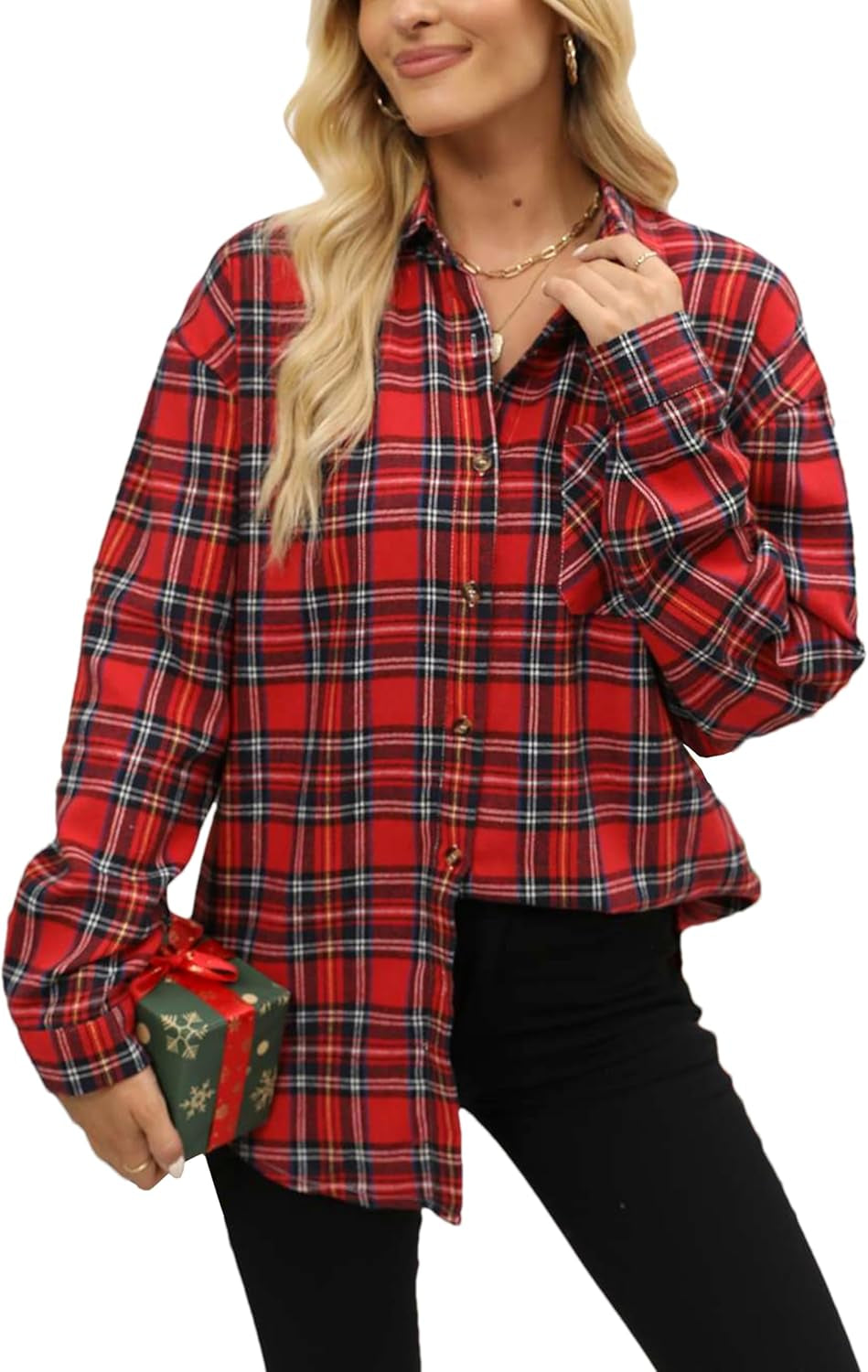 Oversized Flannel Shirt Women Long Sleeve Plaid Button Buffalo Shirt Blouse Tops with One Pocket