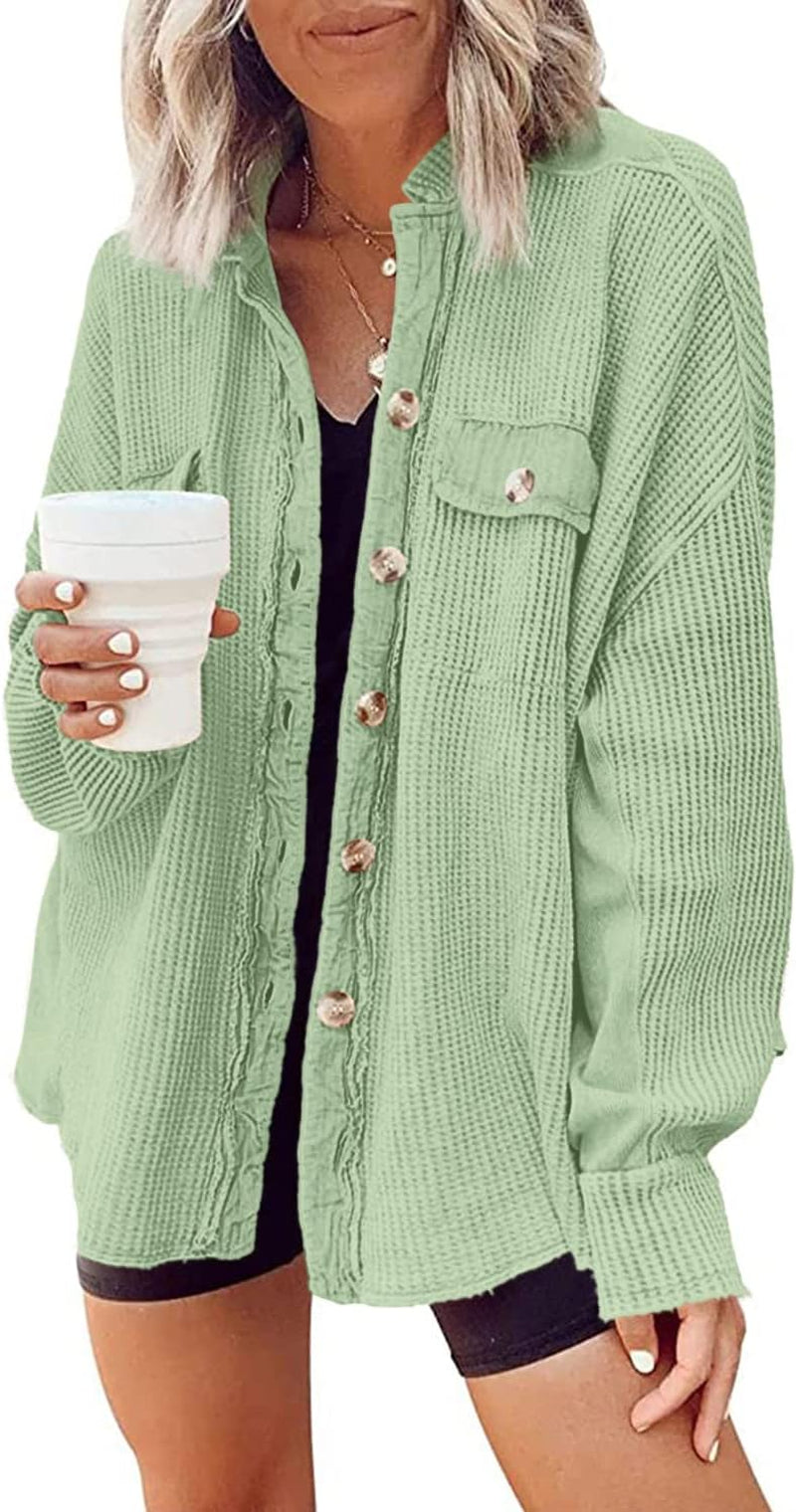 Shackets for Women 2025 Waffle Knit Tops Long Sleeve Button down Shirt Fall Jackets Outfits Corduroy Jacket