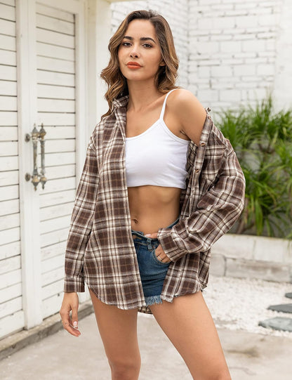 Oversized Flannel Shirt Women Long Sleeve Plaid Button Buffalo Shirt Blouse Tops with One Pocket