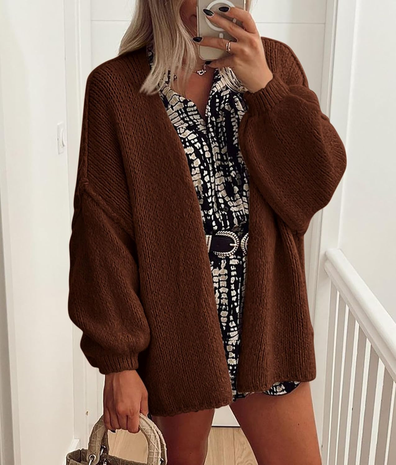 Womens Oversized Cardigan Sweaters 2026 Fall Long Lantern Sleeve Knit Open Front Lightweight Sweater