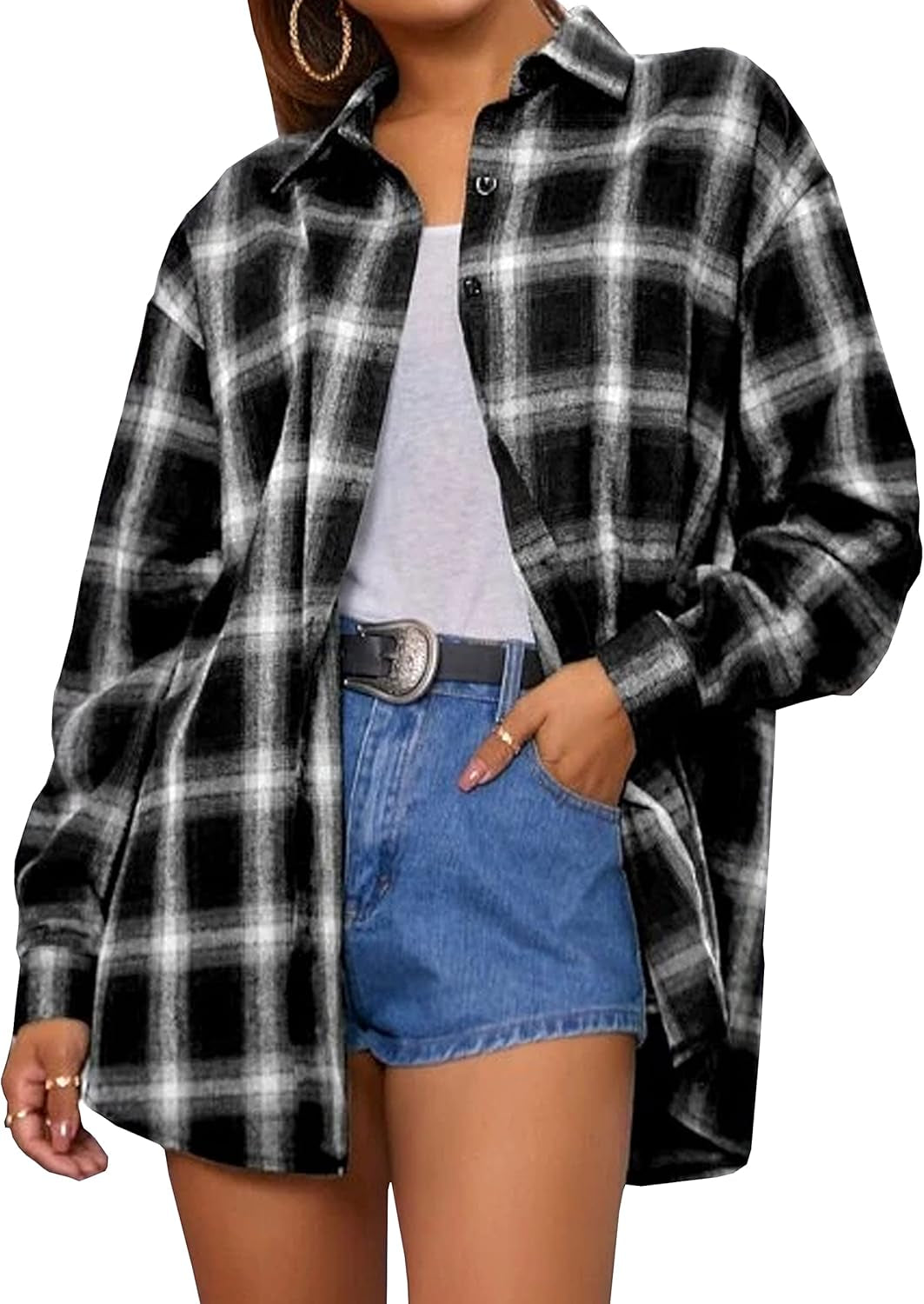 Oversized Flannel Shirt Women Long Sleeve Plaid Button Buffalo Shirt Blouse Tops with One Pocket