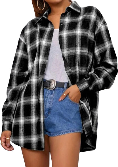 Oversized Flannel Shirt Women Long Sleeve Plaid Button Buffalo Shirt Blouse Tops with One Pocket