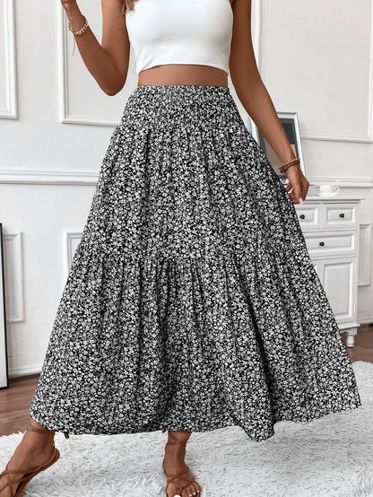 Women'S Smocked High Waist Maxi Skirt Casual Boho Long Skirts with Pockets