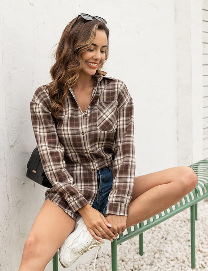 Oversized Flannel Shirt Women Long Sleeve Plaid Button Buffalo Shirt Blouse Tops with One Pocket