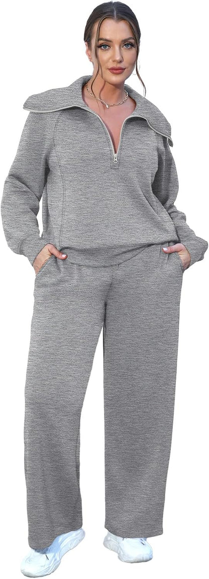 Lounge Sets for Women 2025 Half Zip Sweatshirt and Wide Leg Sweatpant 2 Piece Outfits Sweatsuit Tracksuit