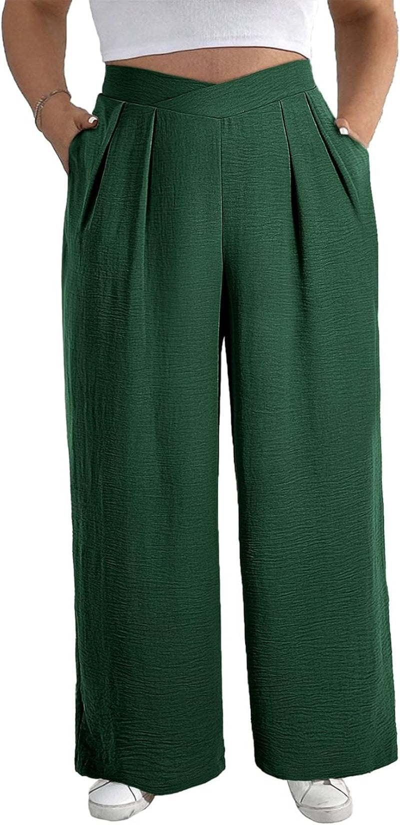 Womens plus Size Wide Leg Pants Crossover Waist Pleated Front Casual Work Pants Lounge Trouser with Pockets(1X-5X)