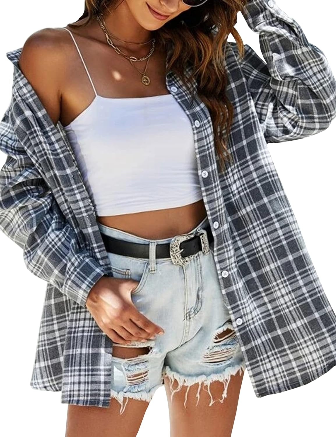 Oversized Flannel Shirt Women Long Sleeve Plaid Button Buffalo Shirt Blouse Tops with One Pocket