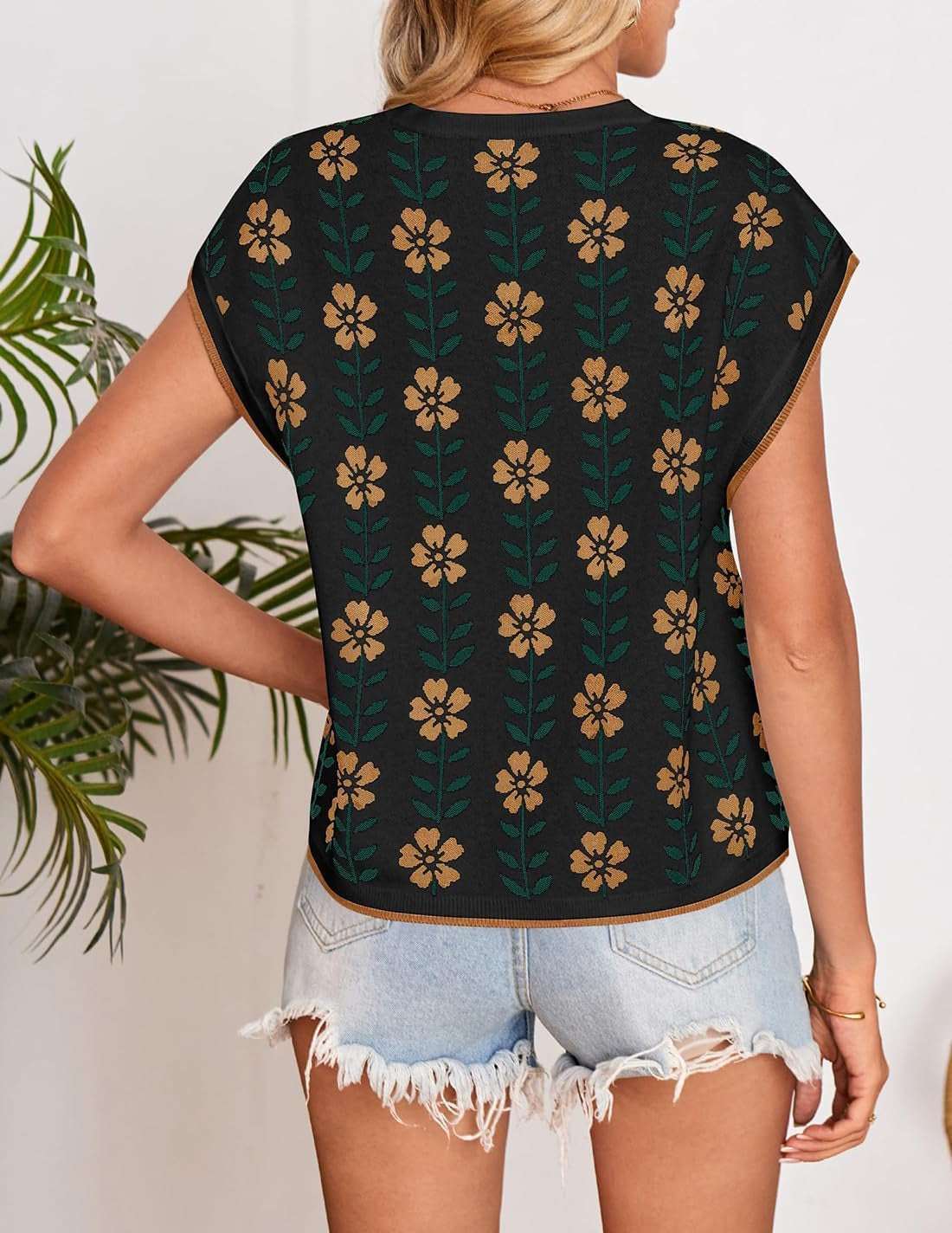 Womens Floral Sweater Vest Summer Short Sleeve Crew Neck Cute Loose Knit Tops 2026 Trendy Clothes Outfits