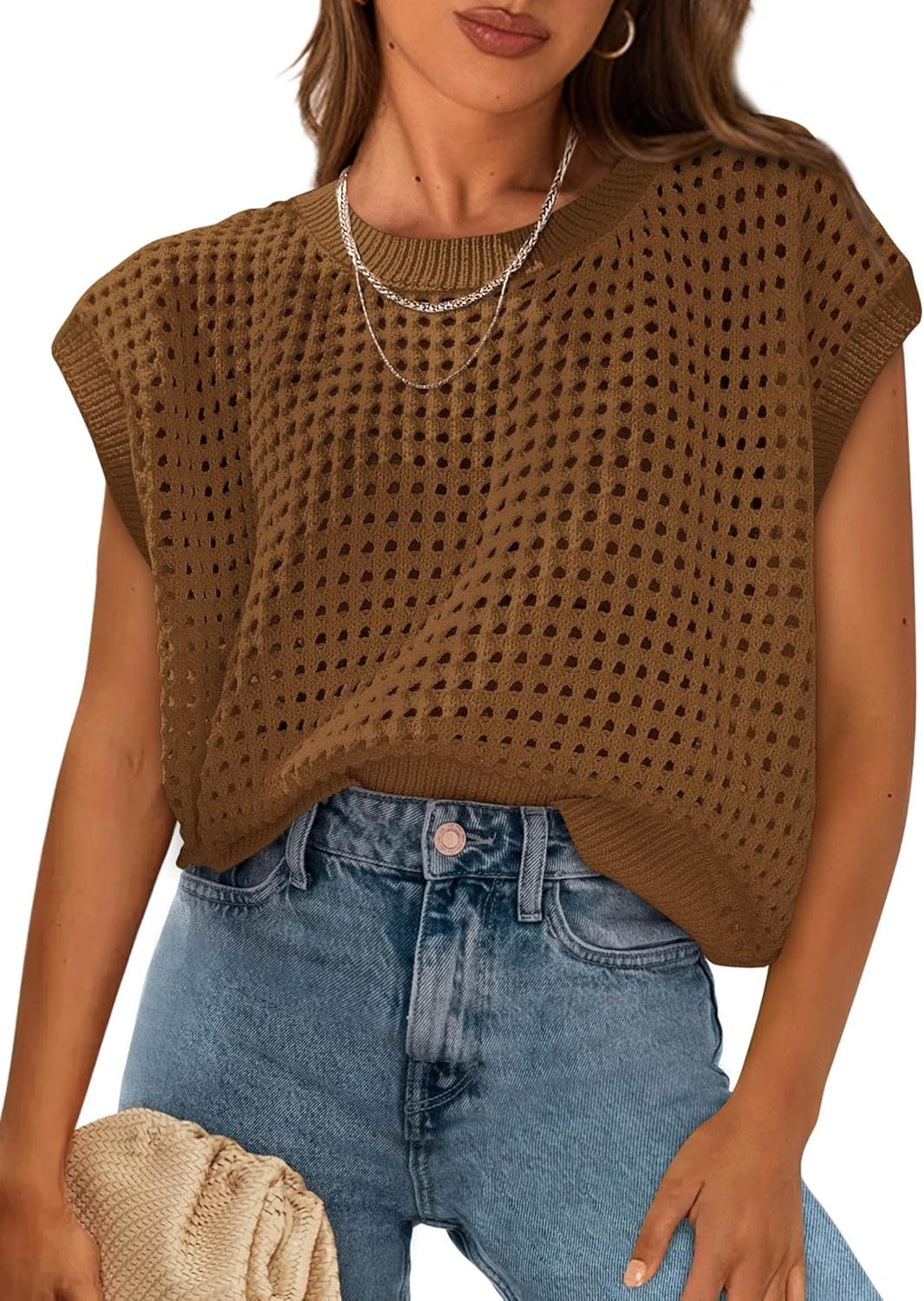 Womens Spring Tops 2026 Summer Shirts Crochet Cap Sleeve Sweater Pullover Cute Beach Vacation Clothes