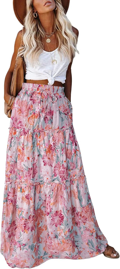 Womens Boho Maxi Skirt 2026 Summer Cruise Casual High Waist Tie Flowy Long Skirt with Pockets for Beach Vacation