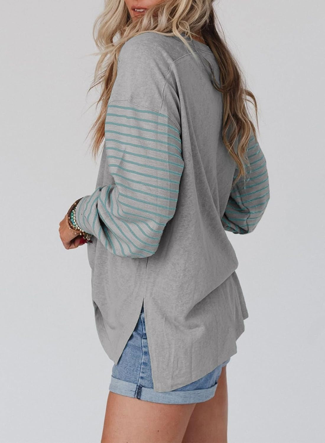 Long Sleeve Tops Oversized 2025 Trendy round Crew Neck Casual Color Block Womens Shirts Blouses