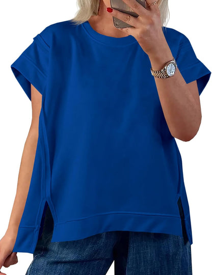 Womens Oversized Short Cap Sleeve T-Shirts Crew Neck Side Slit Tops Summer Casual Loose Fit Tees Tunic Shirts