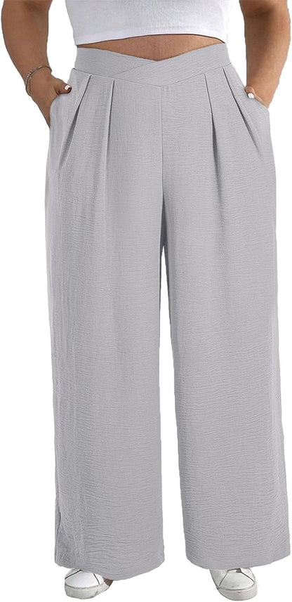 Womens plus Size Wide Leg Pants Crossover Waist Pleated Front Casual Work Pants Lounge Trouser with Pockets(1X-5X)