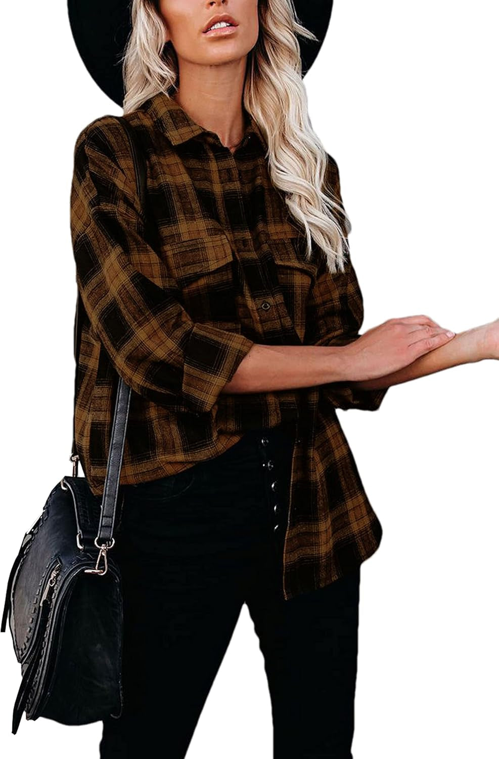 Oversized Flannel Shirt Women Long Sleeve Plaid Button Buffalo Shirt Blouse Tops with One Pocket