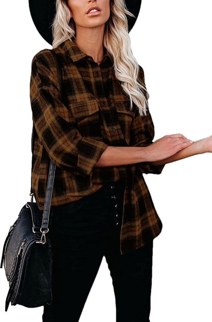 Oversized Flannel Shirt Women Long Sleeve Plaid Button Buffalo Shirt Blouse Tops with One Pocket