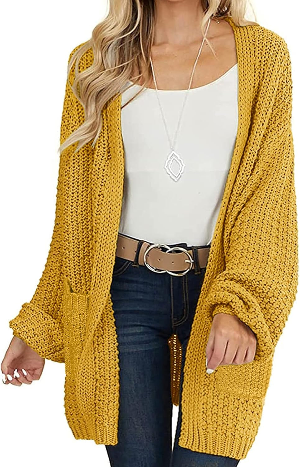 Women'S 2025 Fall Open Front Chunky Knit Sweater Oversized Lantern Sleeve Cardigan Outwear
