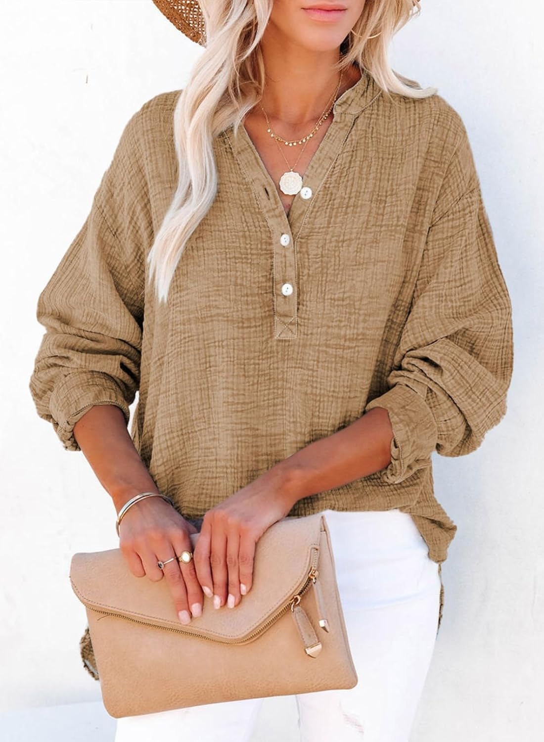 Womens Casual Button V Neck Long Sleeve Shirts Oversized Solid Blouses Tops