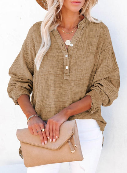 Womens Casual Button V Neck Long Sleeve Shirts Oversized Solid Blouses Tops