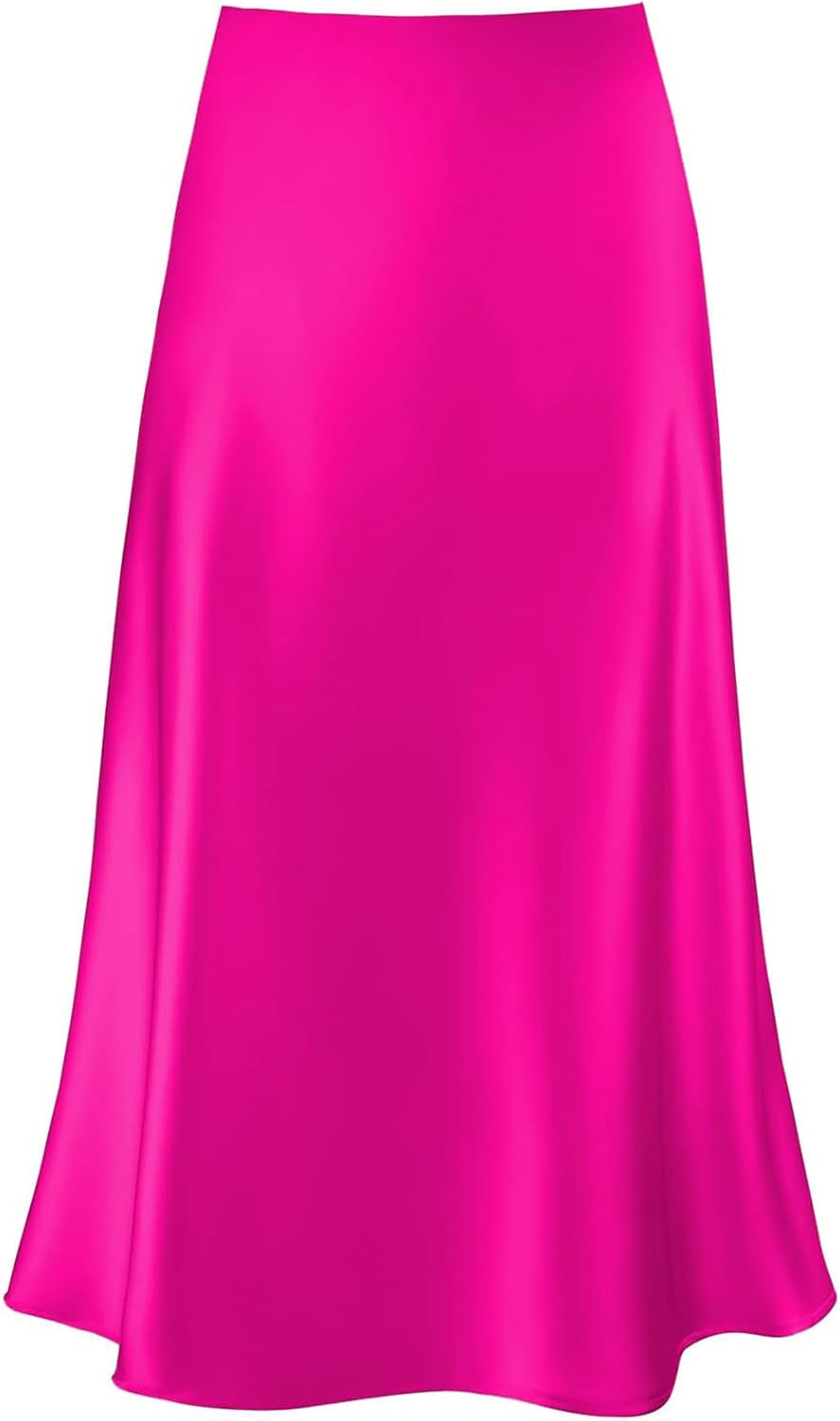 Women'S Satin High Waist Hidden Elasticized Waistband Flared Casual a Line Midi Skirt