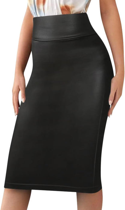 Women’S Basic Stretch Pencil Skirt- Regular & plus Size- below Knee Office Midi Bodycon Nylon Skirt Made in USA