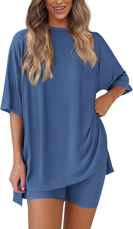 Women 2 Piece Lounge Set 2026 Summer Casual Oversized Shirts Biker Shorts Matching Airport Travel Outfit Clothes