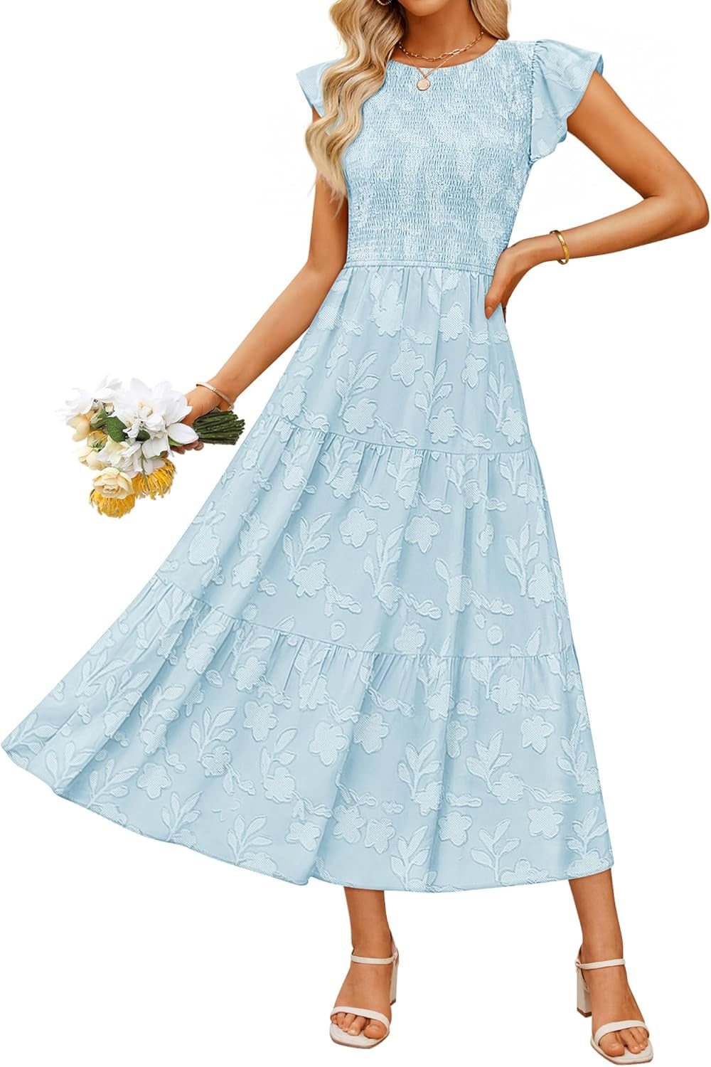 Women'S Summer Boho Floral Midi Dress 2026 Casual Flutter Short Sleeve Crewneck Smocked Flowy Beach Long Dresses