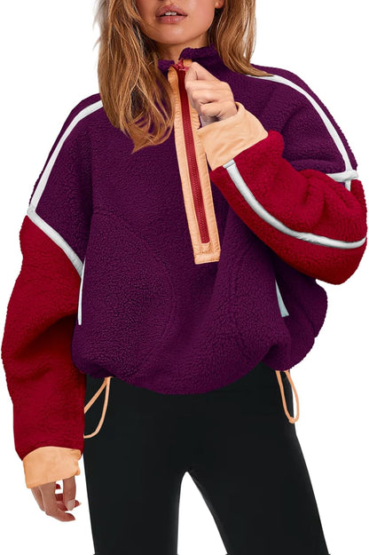 Womens Half Zip Sherpa Fleece Pullover Soft Oversized Sweatshirt with Pockets Warm Fuzzy Sweater